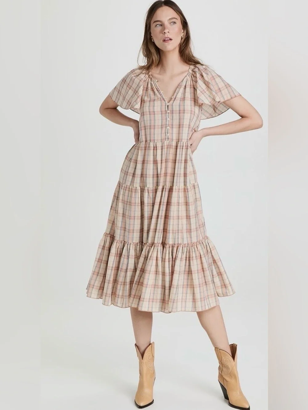 The Great. The Iris Dress Washed Rose Plaid Cotton Linen Tiered Midi Size Sz 1/S